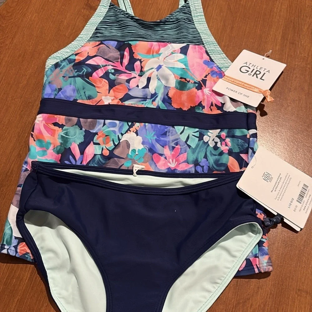 Athleta Girl 3 piece set of Mock Neck Rashguard, Tankini, & Bikini Bottom Sz 12